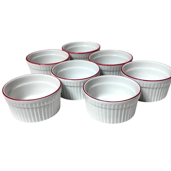 World Market White Ceramic Ribbed Ramekins Red Rim-Set of 7-Excellent! - Picture 2 of 7